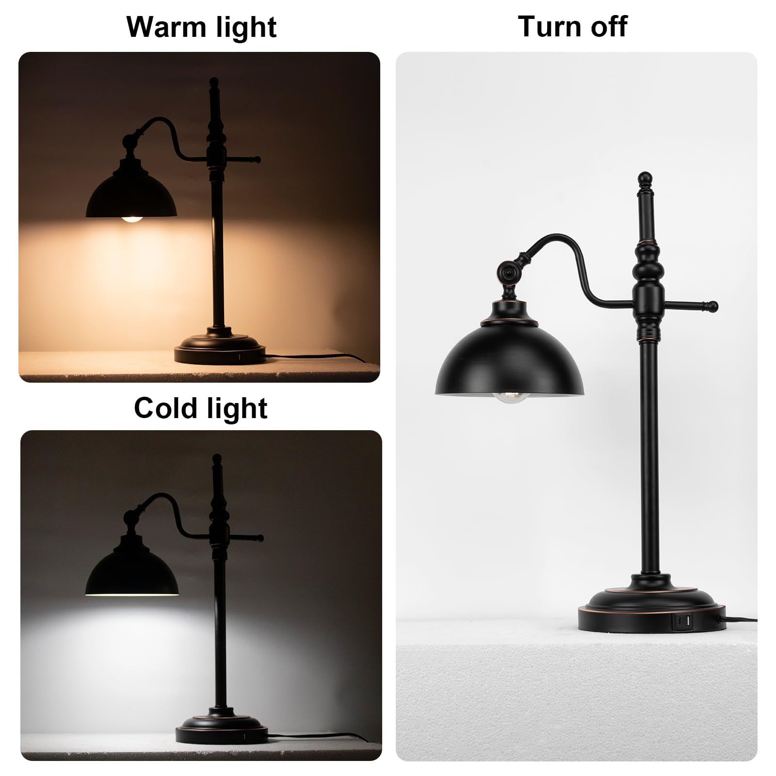 Przemysłowa lampa biurkowa – czarna metalowa lampa robocza z 2 portami ładowania USB, styl vintage do sypialni, kawy, sypialni