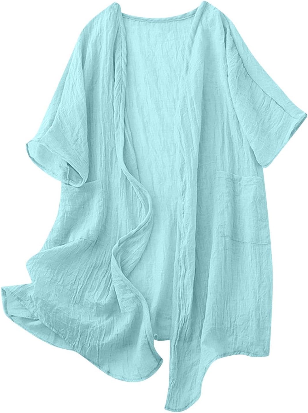 Womens Long Cardigans Lightweight Cover Up Fall Casual Loose Fit Half Sleeve Cotton Tops Beach Coverups with Pockets