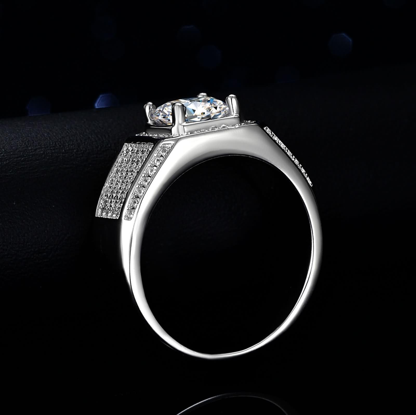 Anillo de oro blanco para hombre, oro blanco de 9 quilates, 14 quilates, 18 quilates, 4 puntas redondas con moissanita de 2 quilates
