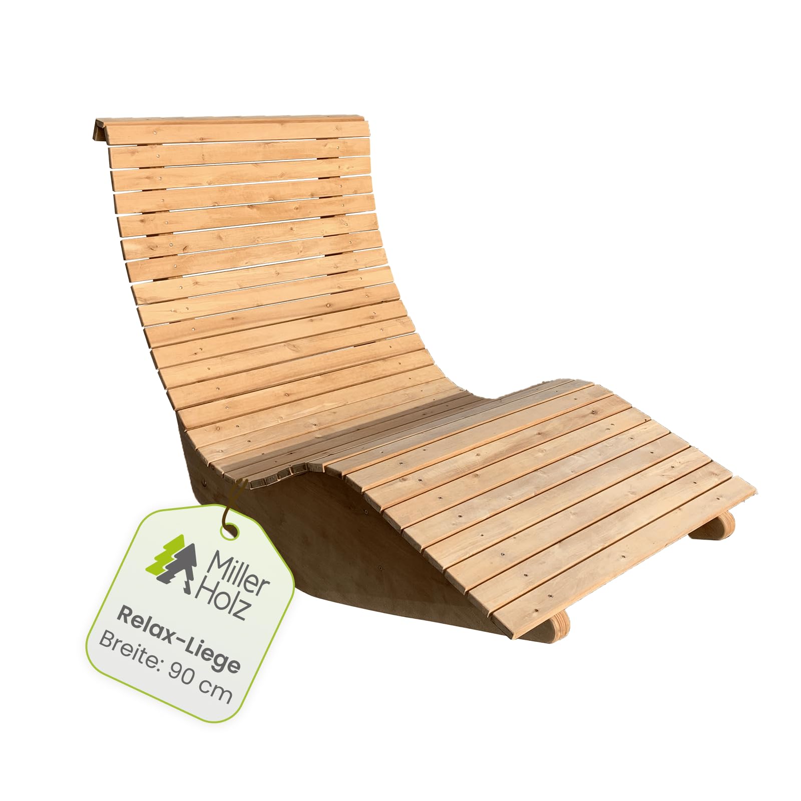 Sonnenliege Holz - 90 cm breit – ergonomische Gartenliege aus Eukalyptus mit Wipp-Funktion, wetterfeste Wellenliege für Garten, Terrasse & Sauna, geschwungene Relaxliege 90 cm breit