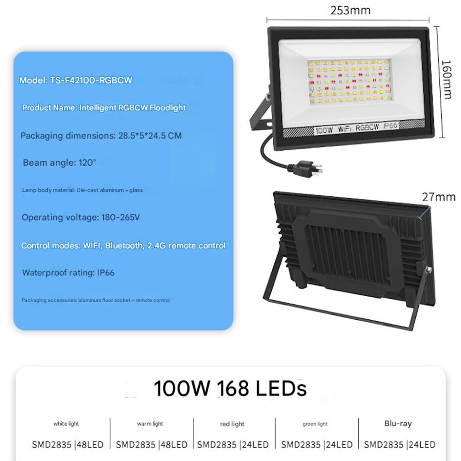 Reflektor LED RGB, odpowiednik 100 W, do użytku na zewnątrz, sterowanie Bluetooth, 16 milionów kolorów, funkcja timera, synchronizacja z muzyką, wodoodporny IP66, oświetlenie zewnętrzne