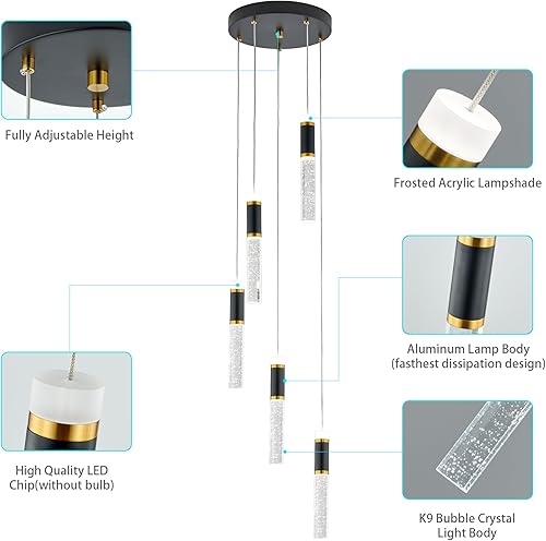 Miniatura 7 de WALUIN Luces colgantes LED para isla de cocina, 5 luces modernas colgantes de cristal regulables, lámparas colgantes negras con candelabros de