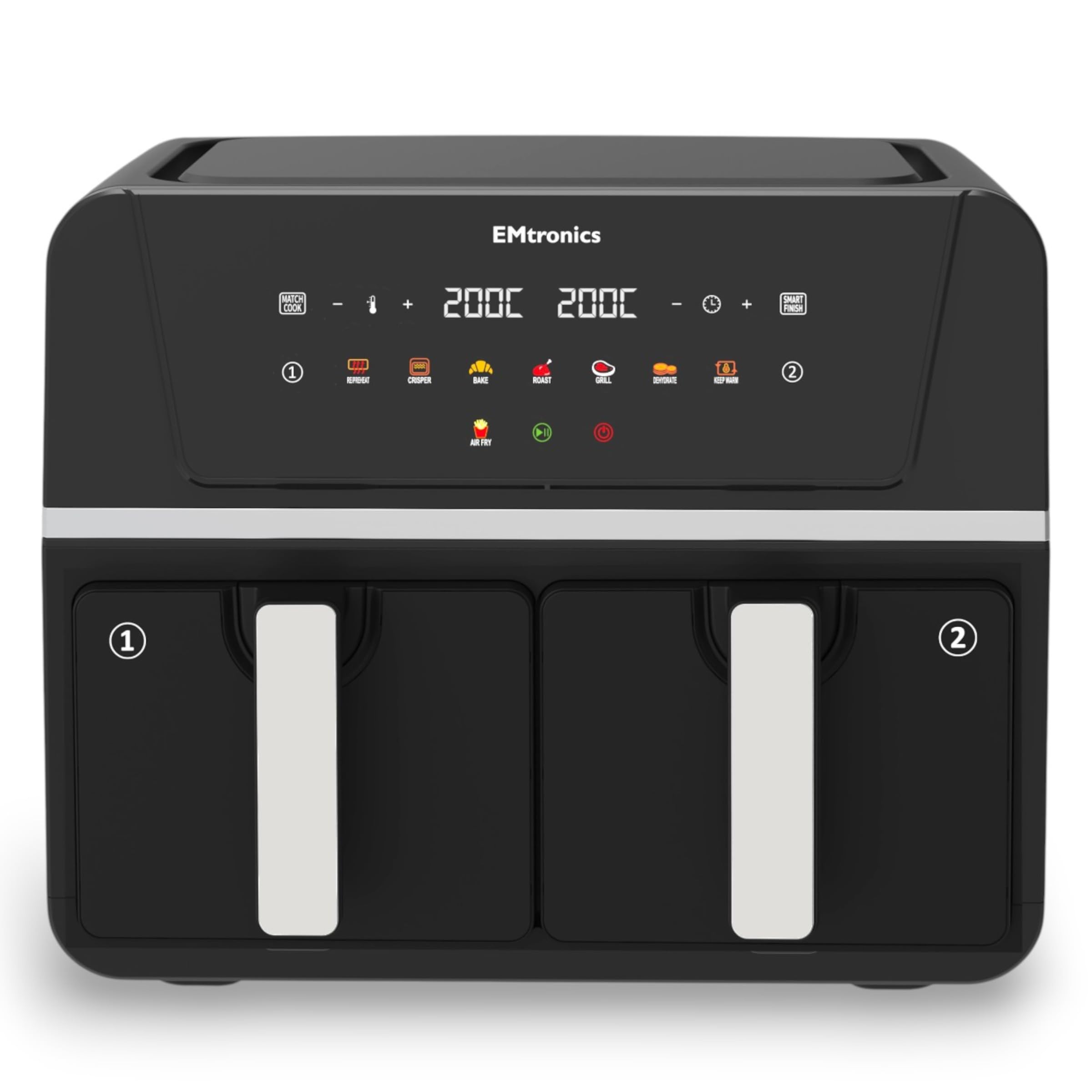 EMtronics 9L Dual Zone Air Fryer 2400W Family Size, 8 Preset Cooking Mode, Match Cook & Smart Finish Functions, 9 Litre - Black