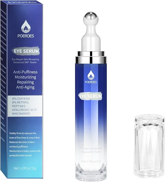 Eye Serum with 8% Caffeine 8% Retinol Hyaluronic Acid Niacinamide peptides for Puffy Bags Fine Lines Dark Circles Wrinkles, Under Eye Cream with 360° Roller Massage Ball, 0.5 fl. oz
