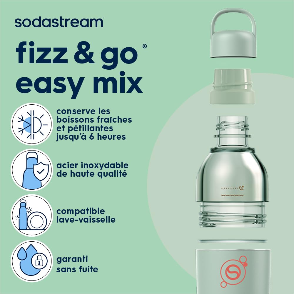 sodastream Fizz & Go Easy Mix – Bouteille isotherme en acier inoxydable 0,9L, double paroi, conserve chaud ou froid jusqu’à 6h, compatible machines, vert menthe