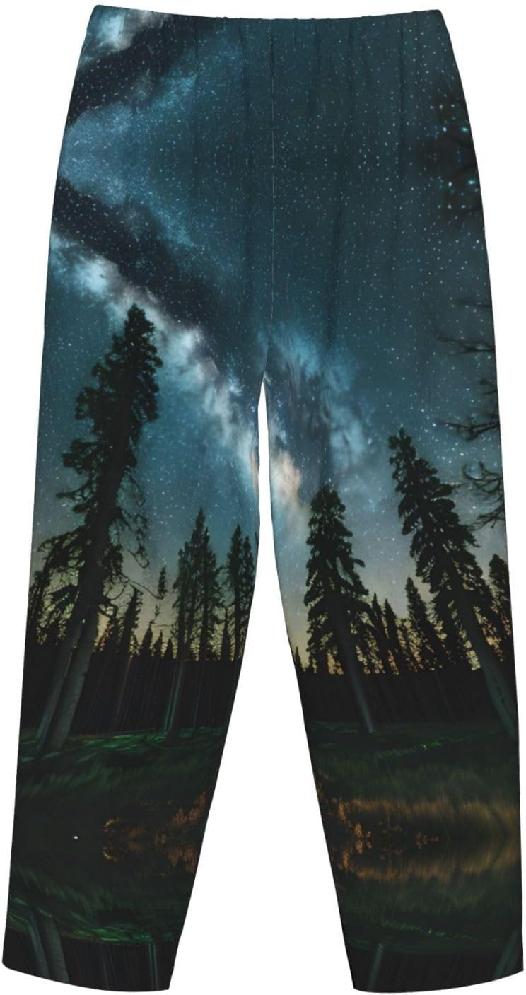 Night Sky With Trees Print Cozy Christmas Pajama Pants,Flannel Pajama Bottoms,Cater To Various Body Types