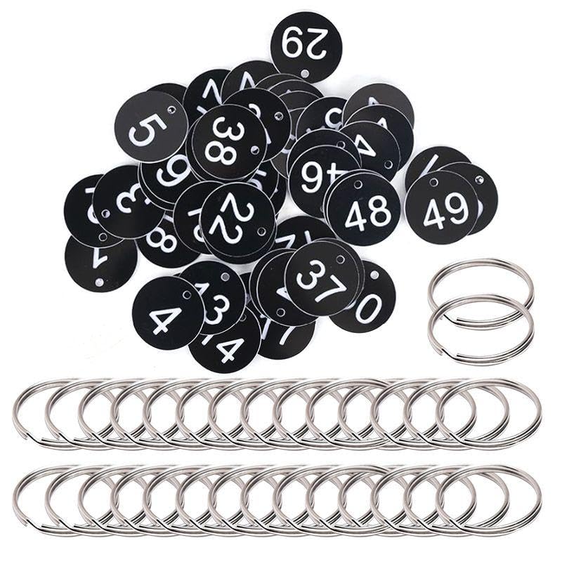100Pcs Number Plates and 50Pcs Metal Rings, Plastic Number Plates, Number Labels, Suitable for Restaurants Hotels, Gyms