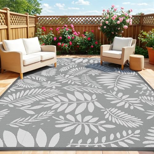 TitanCoziest Outdoor Rug for Patio - 5' x 8', Waterproof, Reversible Outdoor Plastic Straw Rugs with Reinforced Edges, Camping Mat Carpet for RV, Deck, Backyard, Balcony, Picnic, Beach (Leaf Gray)