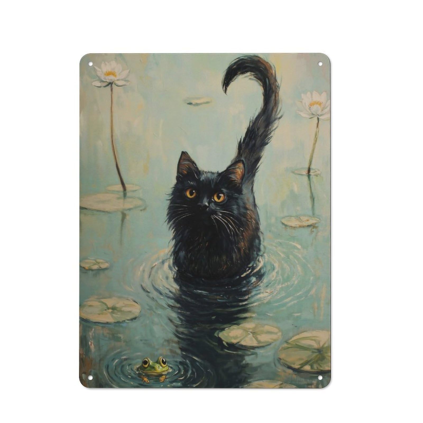 Junmoney Black Cat In The Pond Retro Metal Sign With Design 40X30cm, Weathered Look Shed Wall Plaque For Garage, Workshop, Shed Or Utility Room