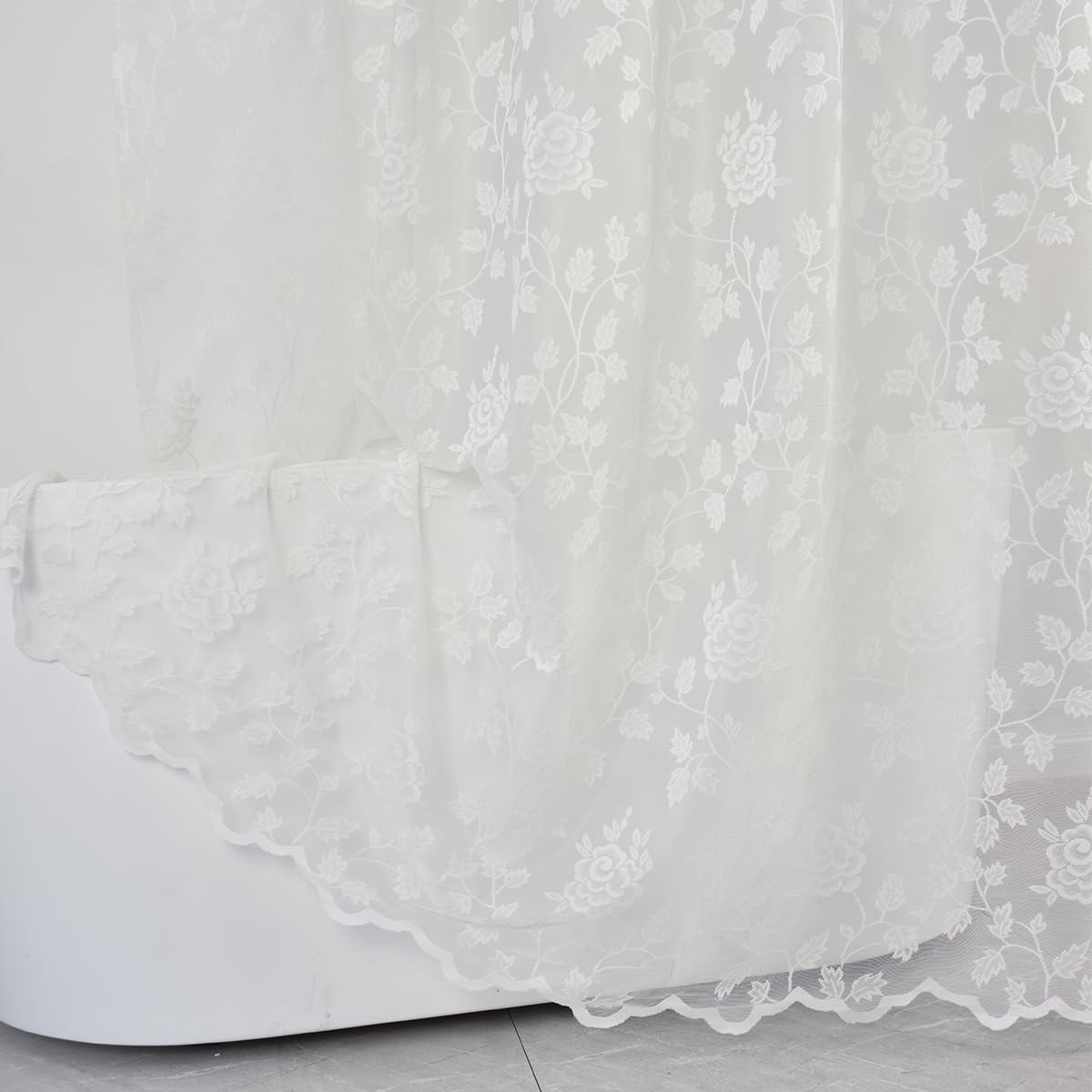 TERLYTEX Rideau de douche en dentelle ivoire avec cantonnière attachée, broderie champêtre, motif floral, vigne, voilage festonné en dentelle transparente de 183 cm de long pour salle de bain, 183 x
