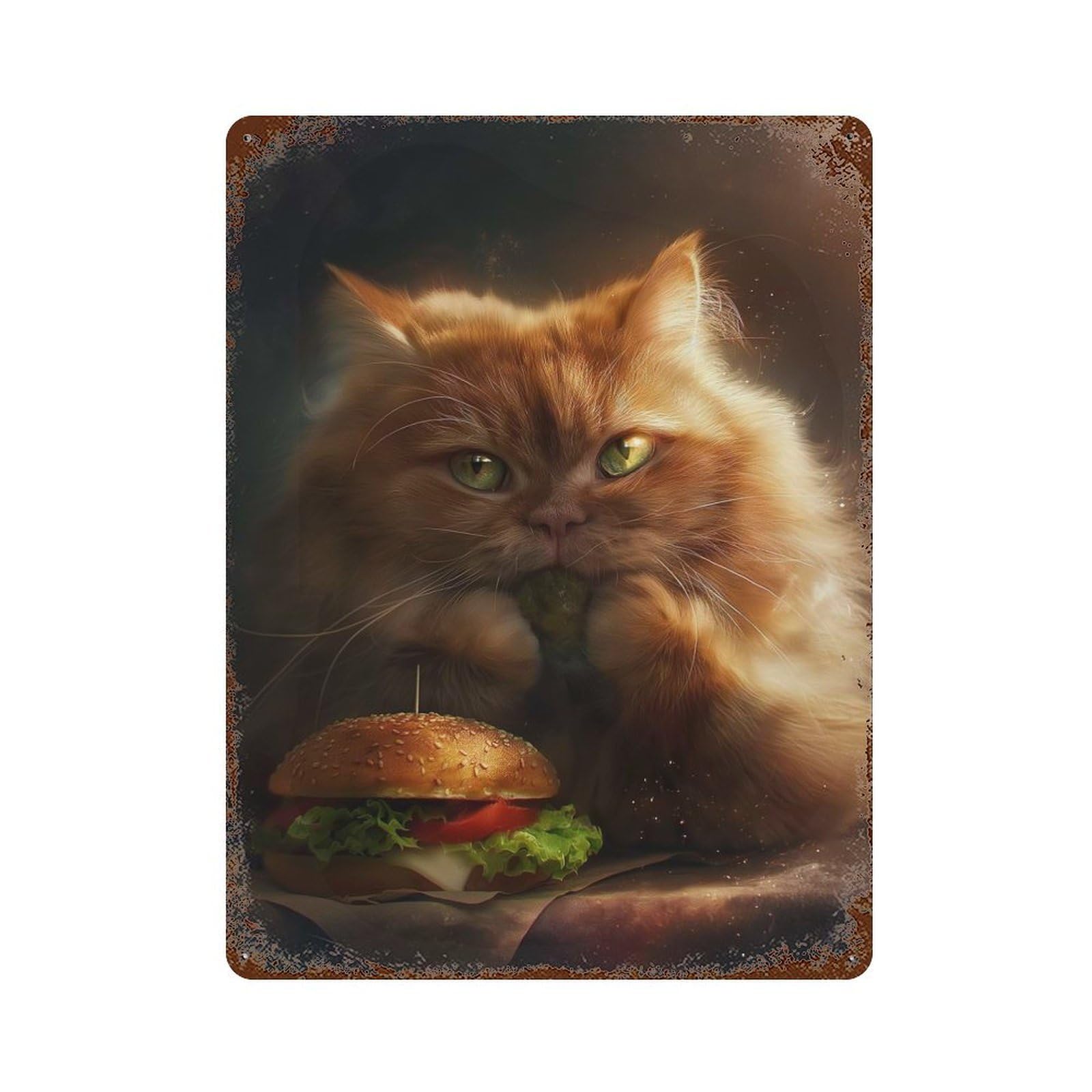 Funny Fat Cat Hamburger Rusty Metal Tin Sign 15.7"x11.8", Classic Wall Plaque for Pub, Kitchen And Man Cave Decor