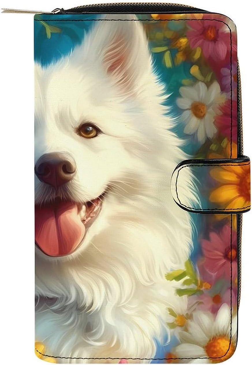 Cute Samoyed Women's Long Wallet Leather Large Capacity Wristlet Clutch Purse Wallets