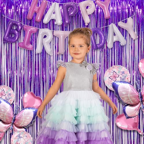 Image of Purple Tinsel Curtain Party Backdrop - GREATRIL Foil Fringe Curtain Party Photo Booth Streamers for Hunters Mermaid Themed Decorations - 1m x 2.5m - Pack of 2
