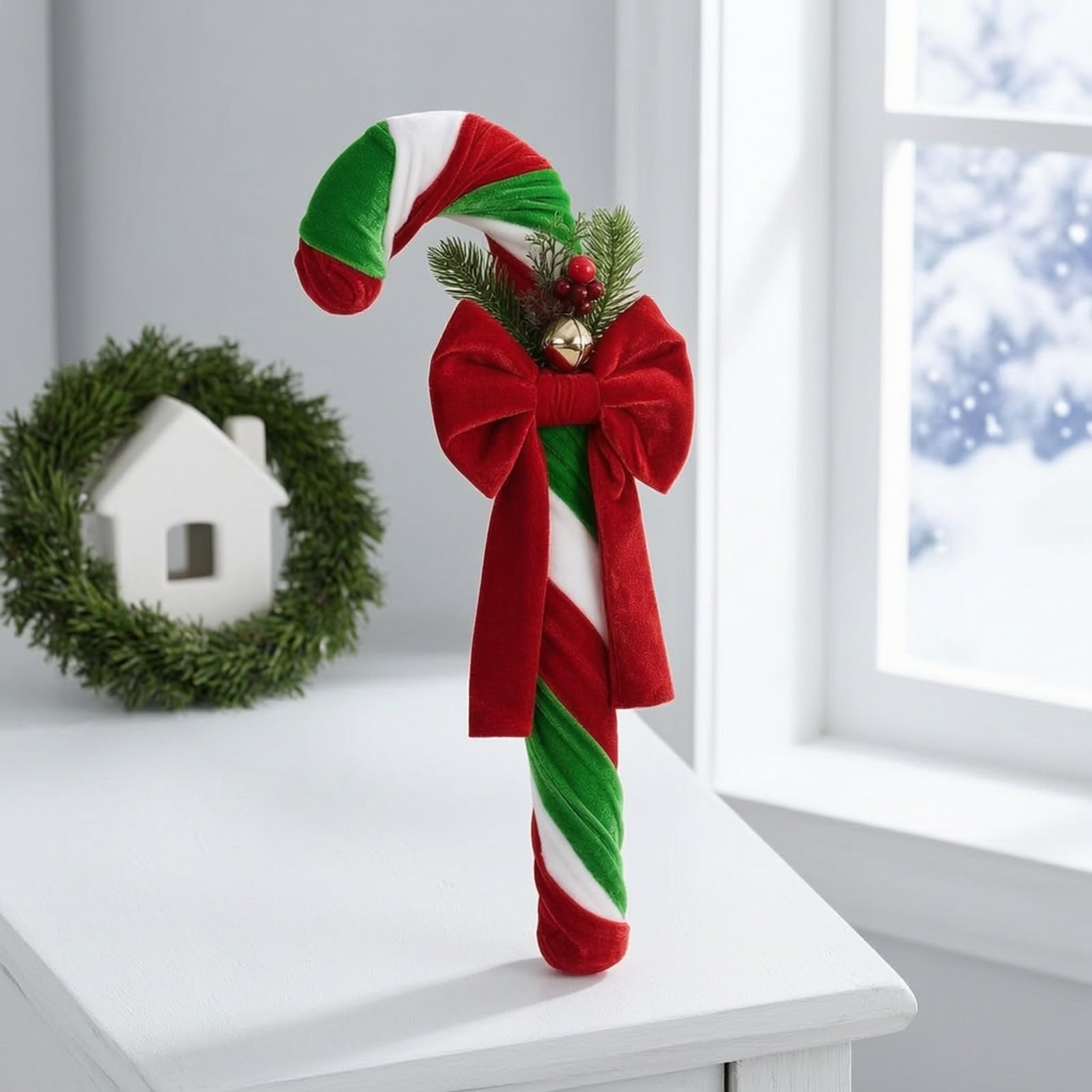 Plüsch-Zuckerstange mit Schleife und Glocke klassisch Zuckerstangen-Weihnachtsanhänger leicht Samt-Zuckerstange zum Aufhängen für Kamin, Großes