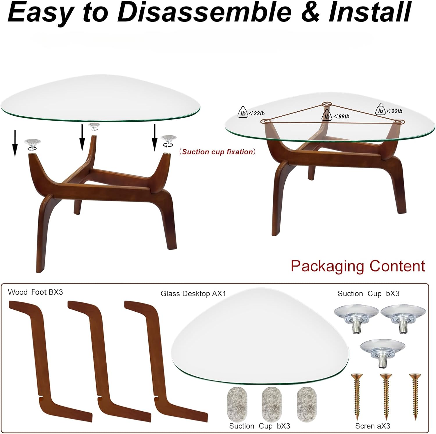 Glass Coffee Tables for Living Room, Triangle Coffee Table with Non-Tip Rubber Wood Base, Mid century Morden Table with Tempered Glass Top | Perfect for Homes with Kids/Pets, Office, Apartment