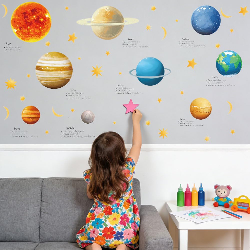SUPERDANT Wall Decals Solar System Science Wall Stickers Planet Peel and Stick Self Adhesive Sticker PVC Decoration Living Room Classroom Children's Room Nursery Decorations