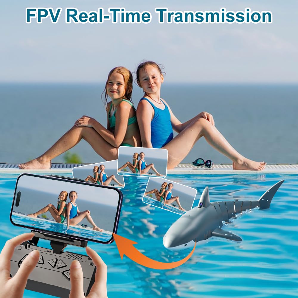 OBEST Ferngesteuertes Hai mit HD Kamera, 2.4GHz Ferngesteuerter Hai-Spielzeug Mobile APP-Steuerung, RC Haiboot mit LED Lichter für Pools & Seen Real-Time Shoot, Simulation Sprühwasser Shark Geschenk