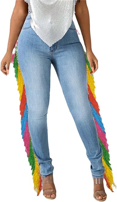 Amazon.com: Pantalones de mezclilla ajustados para mujer, color sólido,  rasgados, empalme lateral, borla, elástico, pantalones largos : Ropa,  Zapatos y Joyería