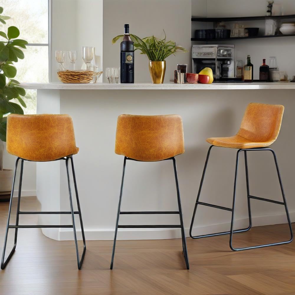 YaFiti 26 inch Bar Stools Set of 3, Modern Bar Height Barstools, Faux Leather Barstools with Back and Metal Leg, Armless Tall Bar Dining Chairs for