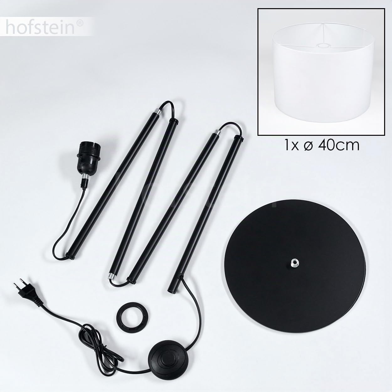 Stehleuchte Bassagoda, Stehlampe aus Metall/Stoff in Schwarz/Weiß, Leuchte im skandinavischen Design mit rundem Schirm (Ø 40 cm) u. Fußschalter, Höhe 158 cm, 1 x E27, ohne Leuchtmittel