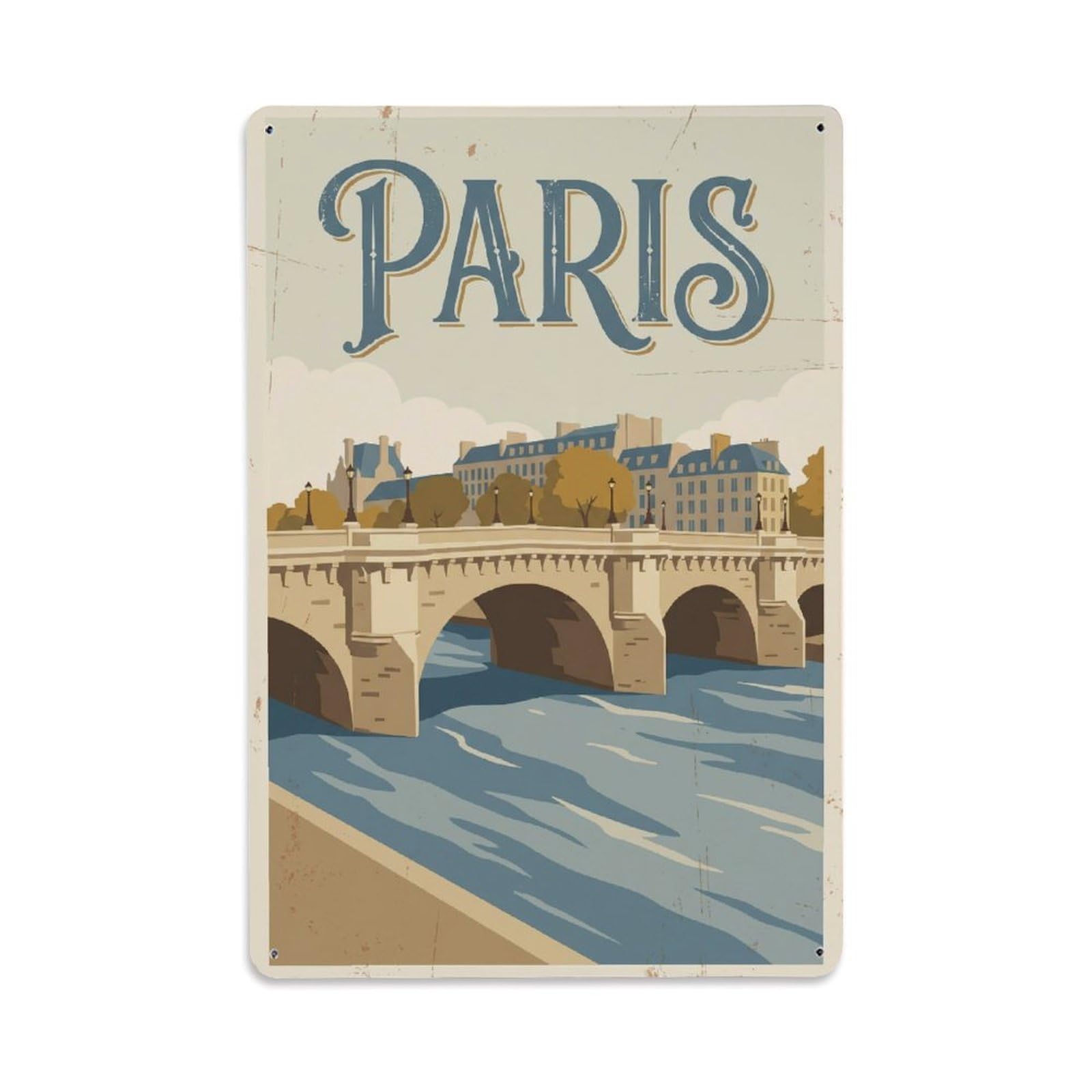 Vintage Travel Paris Pont Neuf Bridge Rusted France Metal Tin Sign Plaque Wall Decor for Cafe, Club Bar, Office, Home Garden Metal Poster 8x12Inch