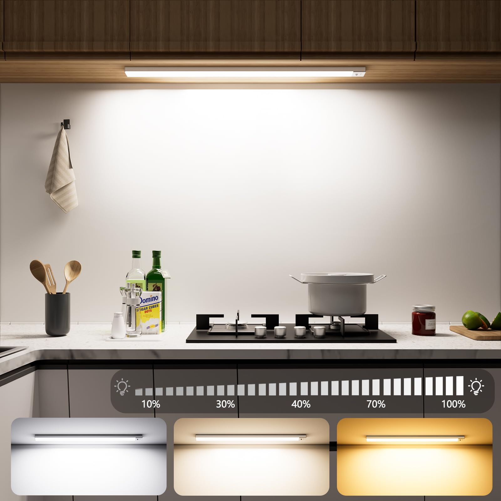 OUILA Luz LED para debajo de los armarios de cocina, 2 unidades de 60 cm, luz LED con sensor, 3000 K-6500 K regulable, 5000 mAh, 156 LED, luces LED con sensor para cocina, armario, escaleras, pasillo,