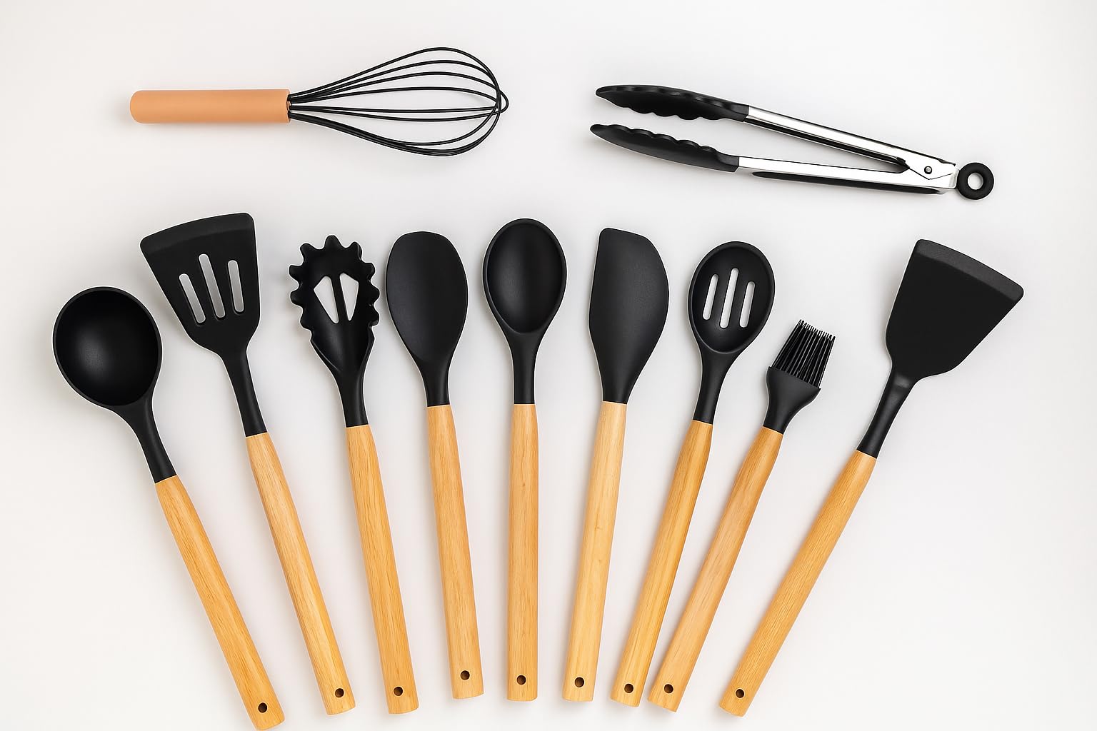 Klick n shop Juego de espátulas y utensilios de cocina de silicona, juego de cuchara para cocinar y hornear, 12 piezas antiadherentes con mango de madera, sin BPA, artículo resistente al calor,