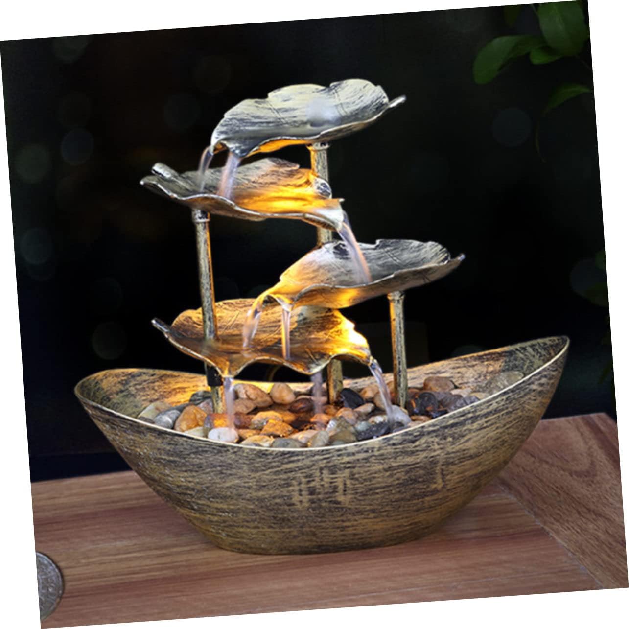 Creative Lotus Leaf Water Fountain LED Lights for Home Decoration Gold Color Decorative Tabletop Waterfall Ornament for Living Room and Entryway