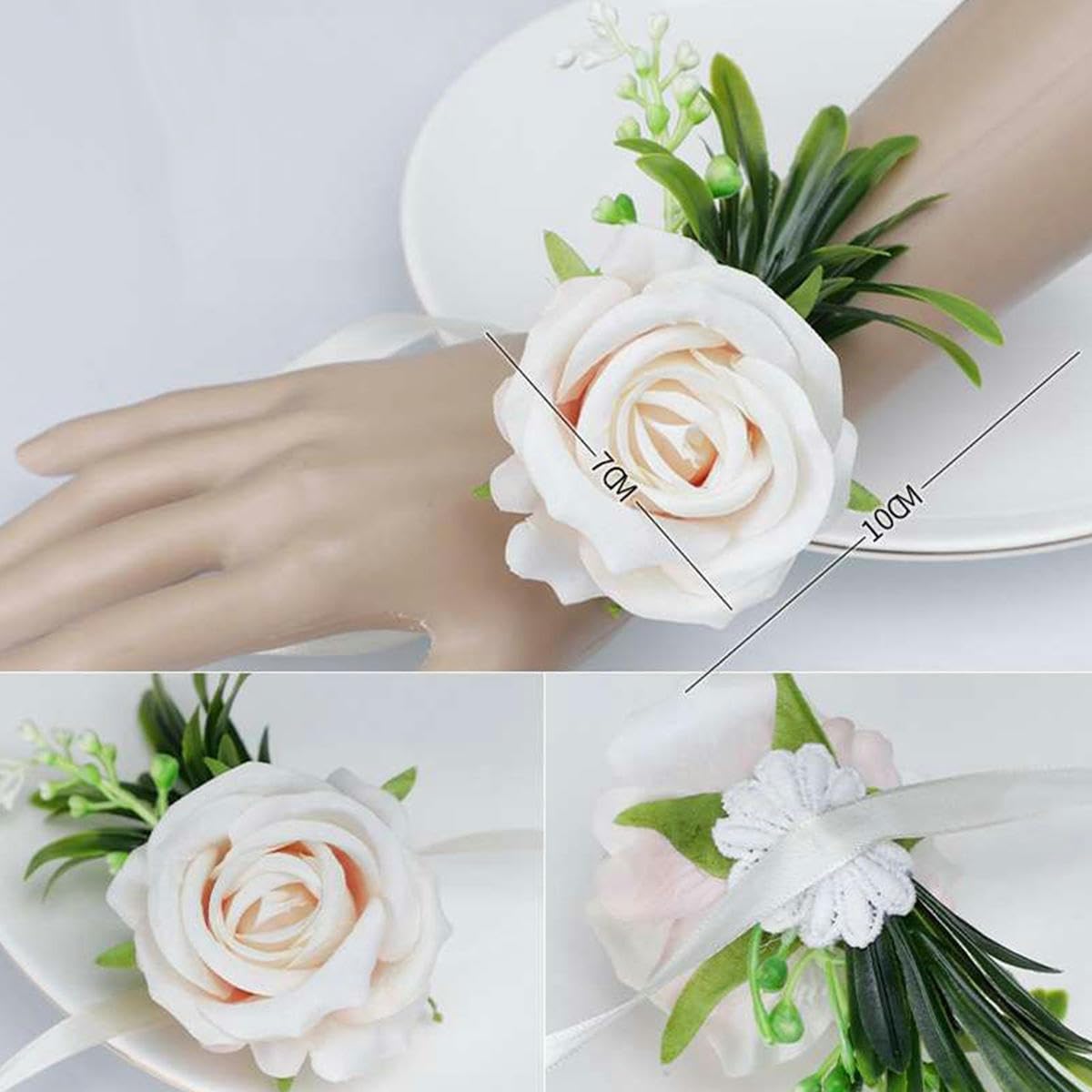 Bouquet Da Polso E Boutonnière Uomo Con Rose - Set Per Matrimonio In Raso Blu