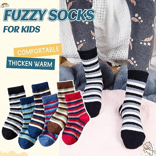 Image of Eyean Kids Fuzzy Socks Non Slip Soft Fluffy Slipper Grips Socks Warm Plush Cozy Cabin Boy Girls Crew Socks 6 Pairs