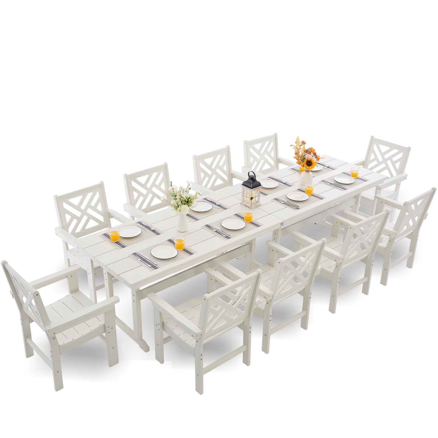HDPE Dining Table Set for 10,12-Piece Outdoor Table and Chairs Include 10 Dining Chairs and 2 Pcs 62.5" Patio Dining Table with Umbrella Hole (White)