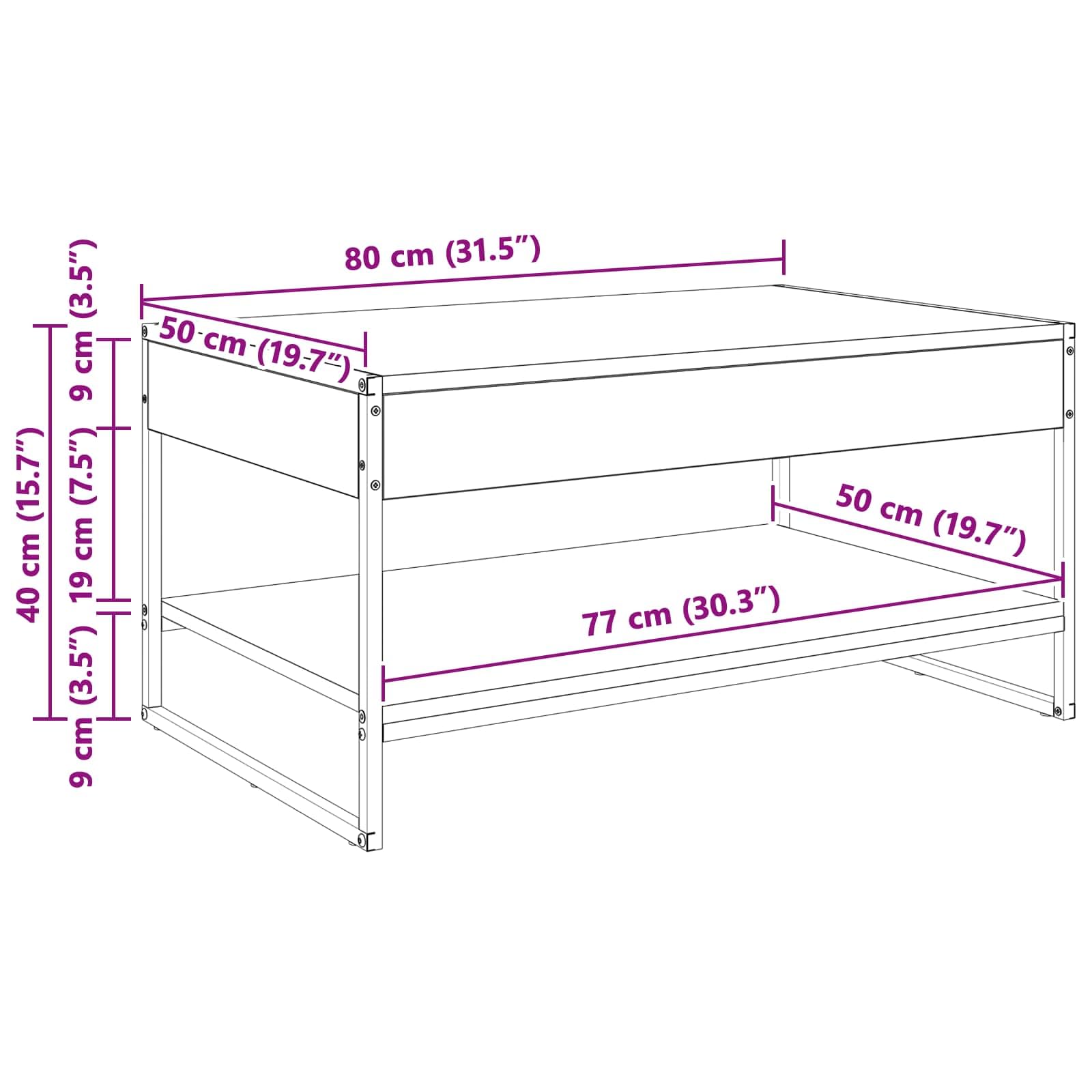 Couchtisch Graues Sonoma Holzwerkstoff 80 x 50 x 40 cm mit Ablagefach und Stahlbeinen moderner Wohnzimmertisch für Sofa Lounge mit Stauraum und Ablagefach