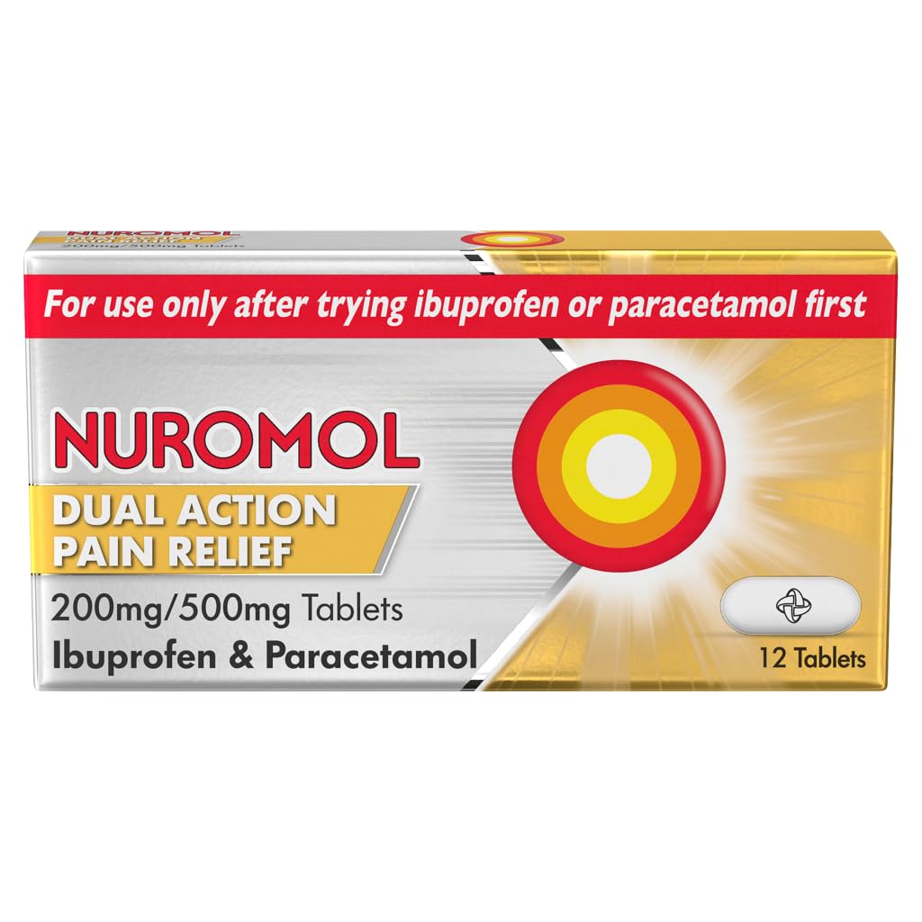 Nuromol Pain Relief Ibuprofen and Paracetamol Tablets, 12 Pack, Migraine Relief, Headache Relief, Joint, Period, Flu Tablets, Powerful Painkillers, Paracetamol, Pain and Fever