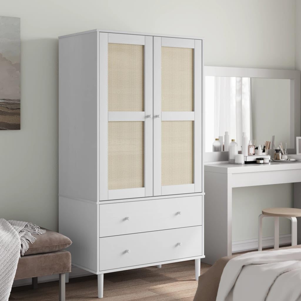 Szafa na ubrania SENJA biała o wyglądzie rattanu z litego drewna sosnowego, 90 x 55 x 175 cm, z szufladą i miejscem do przechowywania, do sypialni, korytarza, pokoju młodzieżowego i garderoby