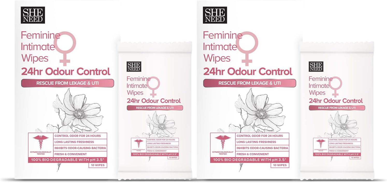 SheNeed Feminine Intimate 24hr Odour control wipes – 10 wipes Pack of - 2 |Rescue from leakage & UTI| Refreshing Cleansing |pH Balance |Natural & Vegan | Paraben & Sulphate Free|clinically proven| Gynac approved | Travel Friendly