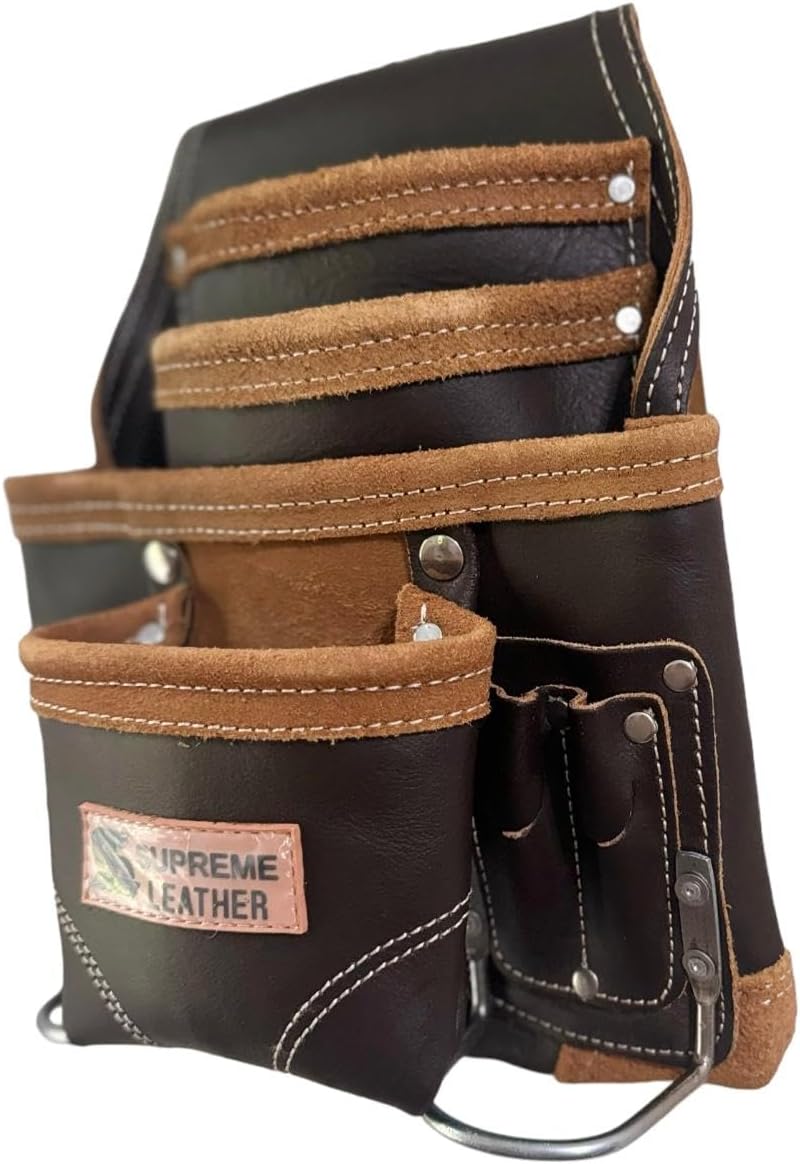Supreme Leather Supreme Leather Tool Pouch for Construction Carpenter Tool Bag Electrician's Pouch | 10 Pockets 2 Stainless Steel Hammer Holders Top Grain Leather Bag