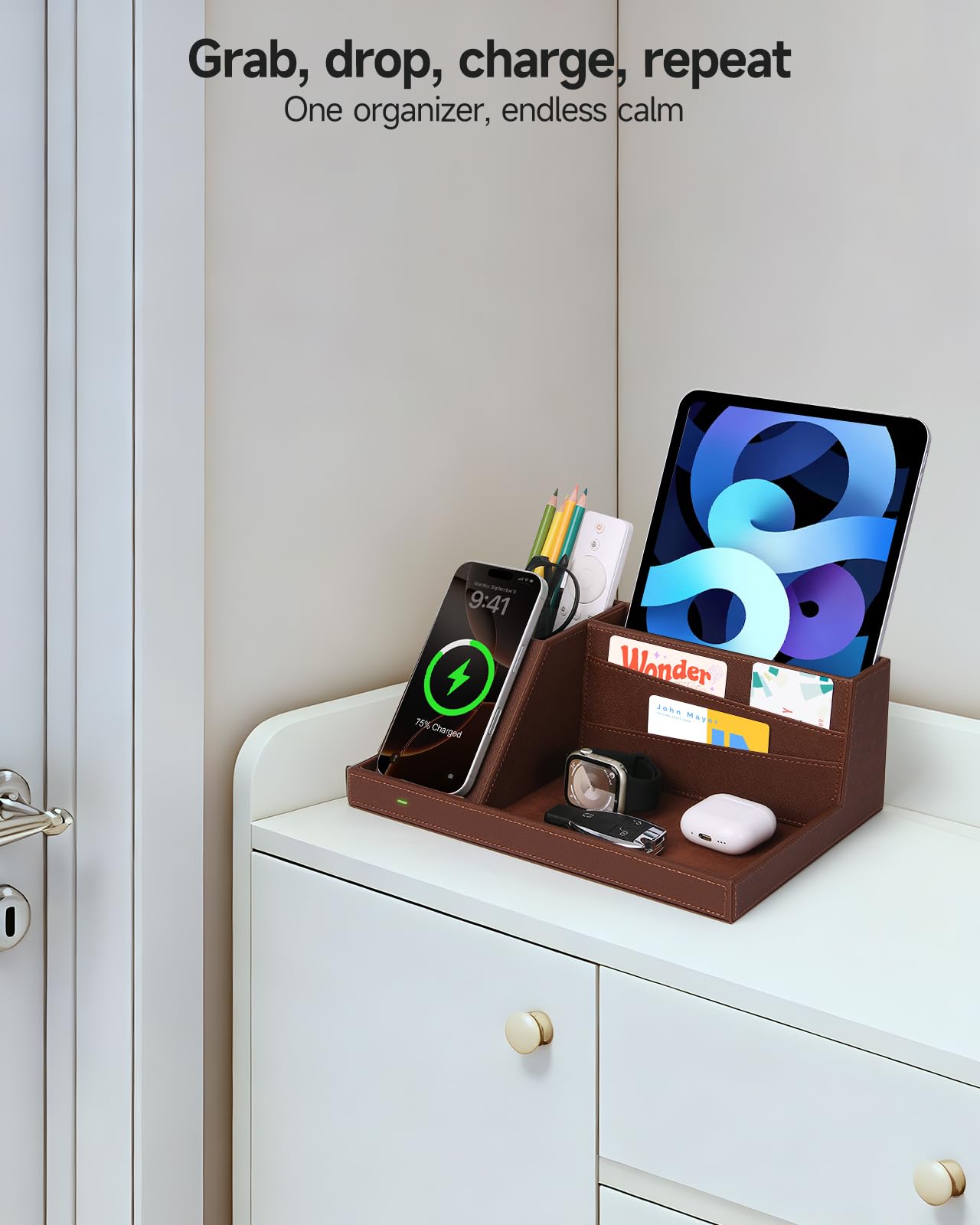 Stazione di ricarica wireless veloce con organizer da scrivania per iPhone 17/16/15/15 Pro/14/14 Pro Max/14 Pro/14 Plus/13/13 Pro Max/13 Pro/e iPhone 12/11 Series, organizer da scrivania per comodino