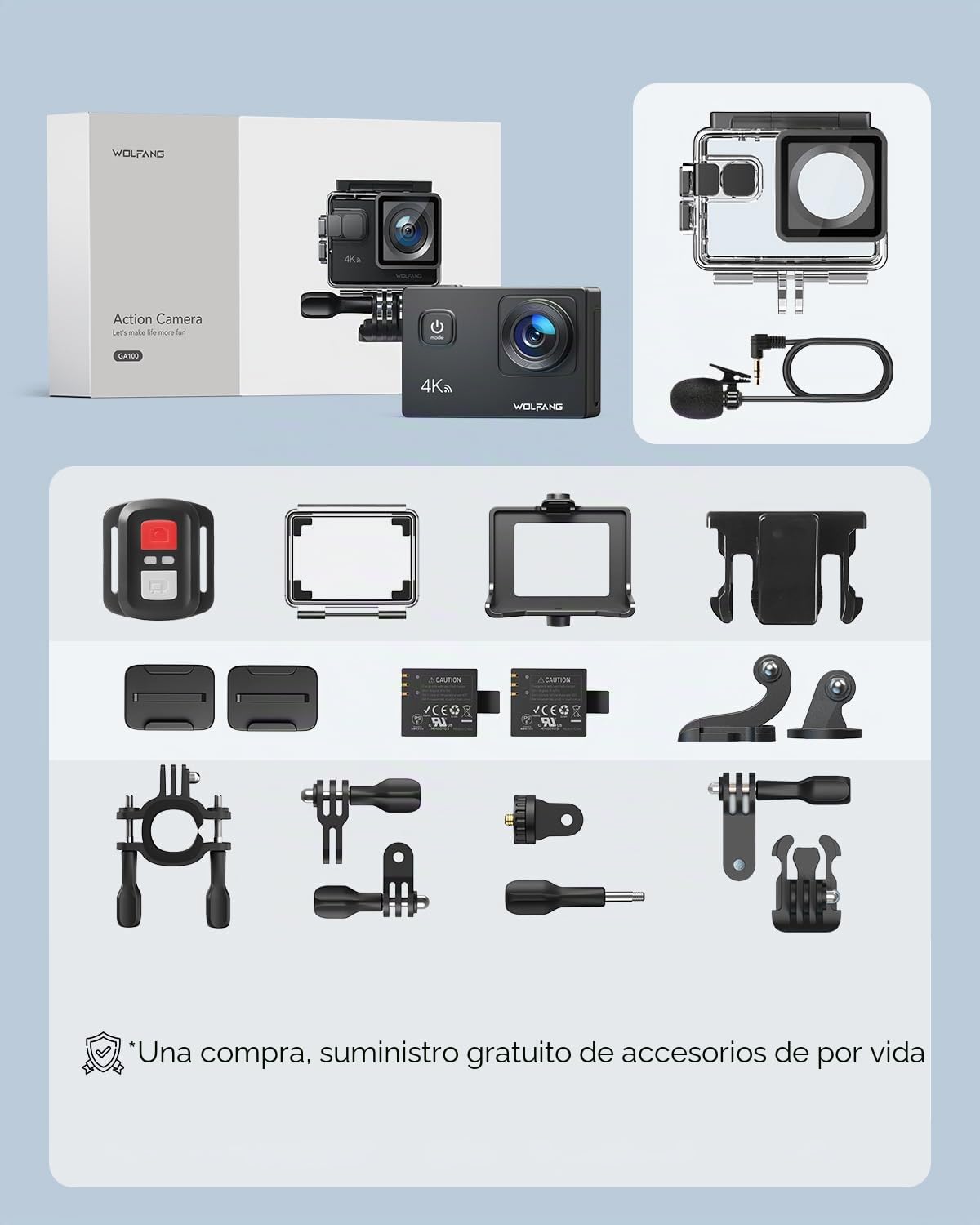 WOLFANG Cámara Deportiva GA100 4K 30FPS, Videocámara de Casco WiFi de 20MP con EIS Antivibración, Cámara Subacuática Buceo 40M con Micrófono Dual, Control Remoto, 2 Baterías, Varios Accesorios