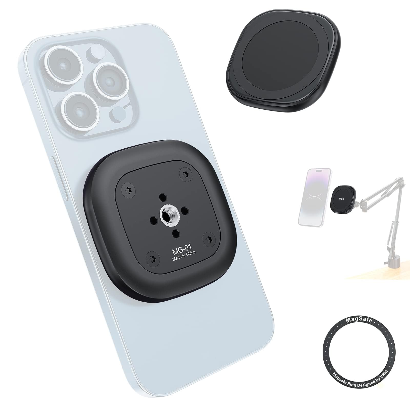 KASTWAVE MG-01 Magnetic Tripod Mount,1/4 Inches Tripod Adapter Magnetic Ring, Multiple Locating Holes for ARRI,Compact Size for iPhone 14/13/12 Series and All Phones and Cases