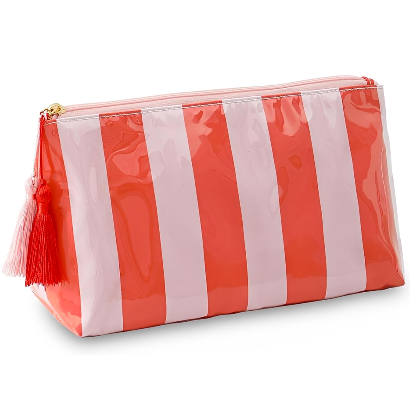 Borsa Cosmetica da Viaggio Donna Astuccio da Toilette a Righe Arancione Beauty Case Impermeabile in PVC con Cerniera Porta Trucchi Trousse Organizer Portatile per la Spiaggia e le Vacanze Estive