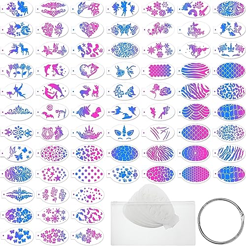 Fulmoon 72 Pcs Face Paint Stencils Reusable Face Painting Stencils Body Painting Makeup Tattoos with Storage Bag and Binder Ring for Kid Adult Halloween Party Art(Classic)