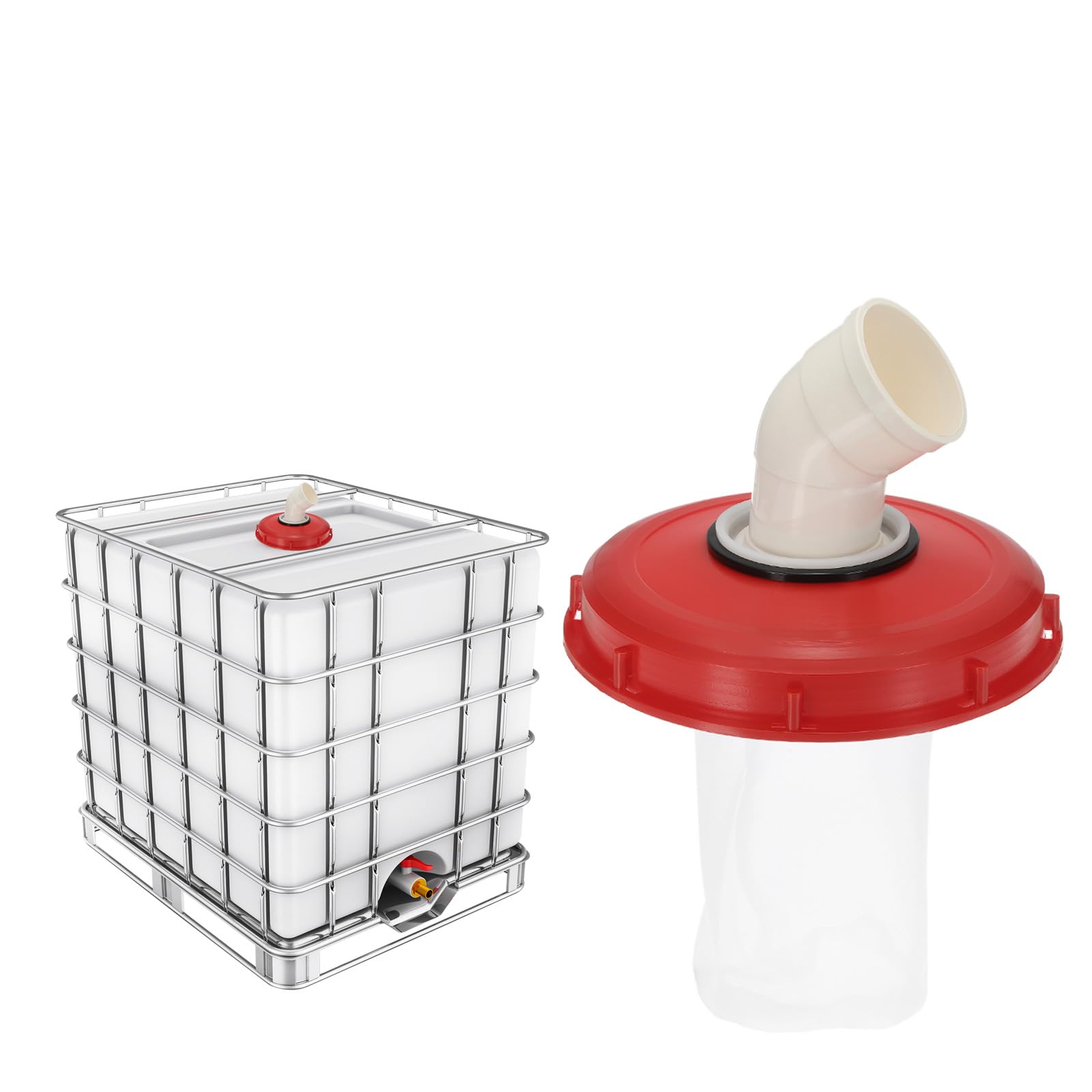 Photo 1 of ***FACTORY SEALED***MECCANIXITY 245mm IBC Lid Filter Cover, 45° Plastic IBC Tote Hose Adapter 1000L Rainwater Tank Container with Washable Nylon Filter for 275 Gallon Water Tanks, Red/White