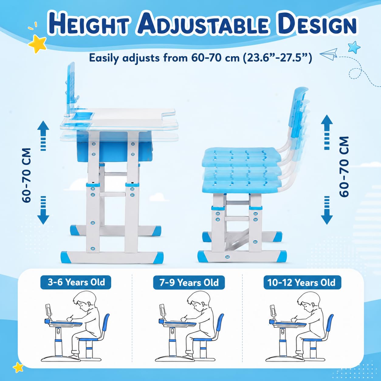 NUCARTURE Kids Study Table with Chair Height Adjustable Computer Table and Chair for Toddlers Children Desk with Storage Cabinet Kindergarten Writing Table (Blue, Study Table) 1