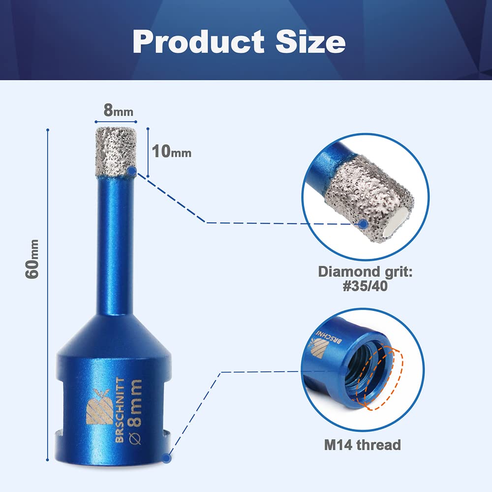 Wiertło diamentowe 8mm, BRSCHNITT 5 szt. M14 lutowane próżniowo diamentowe wiertło rdzeniowe Otwornica do płytek kamionkowych kamionkowych Ceramiczne marmurowe wiercenie granitowe, odpowiednie do szlifierek kątowych