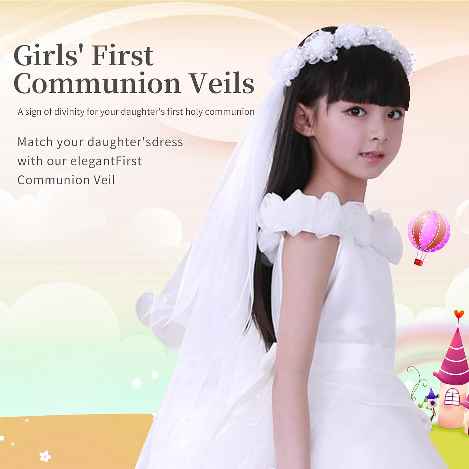 First Communion Veil for Girls, Head Wreath With Veil, Wedding Flower Pearl Veils, Chapel Veils for Party Stage Performance Role-playing White
