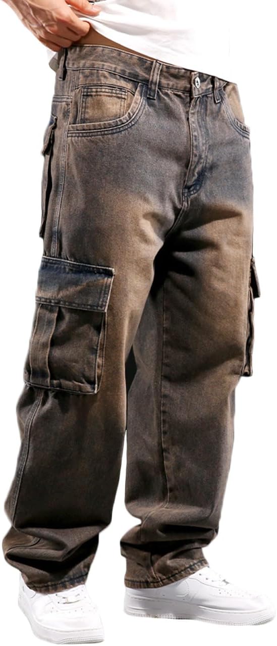 Nutriangee Men's Casual Baggy Cargo Workwear Jeans Loose Fit Straight Leg Hip Hop Denim Pants