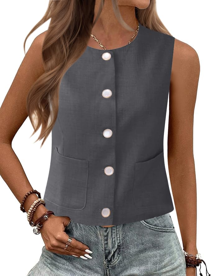 Rapbin Womens Vest Sleeveless Button Down Vest Tops Crew Neck Casual Dressy Waistcoat Business Outfits Suit Fashion