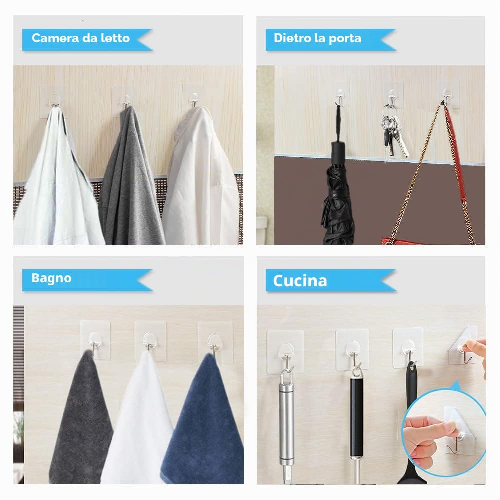 PaiLeWei Gancio Adesivo - 6 pezzi Autoadesivi Ganci Adesivi Trasparenti 5 kg (max), per Bagno, Cucina, Soffitto, Appendere, Parete, Porta, Accappatoi, Portasciugamani (6 Pezzi)