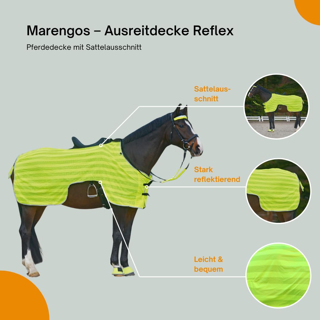 Marengos – Ausreitdecke Reflex – Pferdedecke mit Sattelausschnitt – stark reflektierend & mit Silber-Leuchtstreifen – Outdoordecke für Pferde – Pferde Zubehör in Neongelb – 125cm