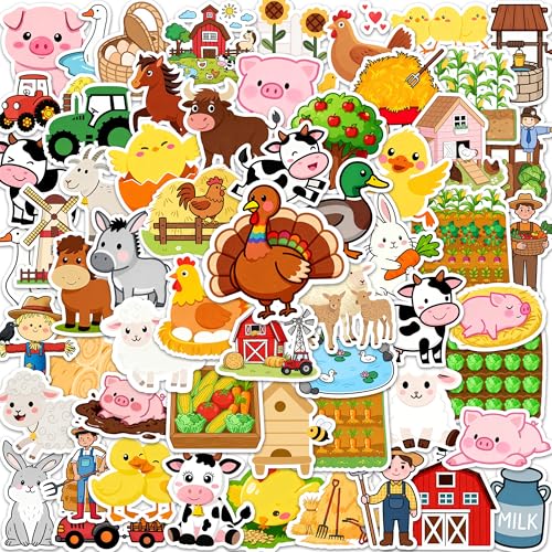 60 Pcs Farm Animal Stickers Farm Barn Cow Pig Sticker for Water Bottles Laptop Computer Phone Guitar Vinyl Waterproof Sticker Pack Farm Party Favor Supplies